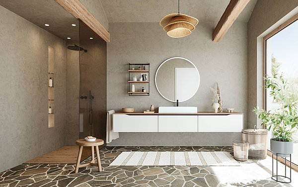 Ein Beispiel-Badezimmer mit modernen Möbeln.